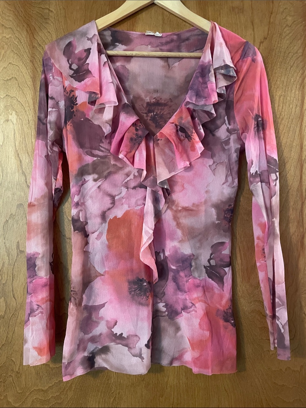 INC International Concepts Women's Pink Floral Ruffle V-Neck Mesh Top, Large